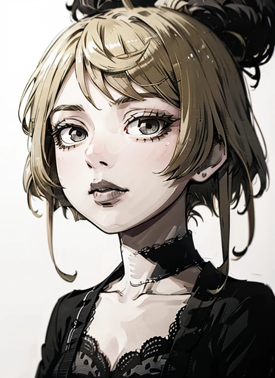 a close up of a woman with a black dress and black lipstick, blonde hime cut hair, with short hair, 1 7 - year - old anime goth girl, short pigtails hair, white hime cut hairstyle, sui ishida with blonde hair, with short hair with bangs, short blonde hair with bangs, short blonde hair, japanese gothic, blonde short hair