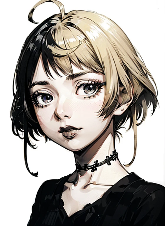 a close up of a woman with a black dress and black lipstick, blonde hime cut hair, with short hair, 1 7 - year - old anime goth girl, short pigtails hair, white hime cut hairstyle, sui ishida with blonde hair, with short hair with bangs, short blonde hair with bangs, short blonde hair, japanese gothic, blonde short hair