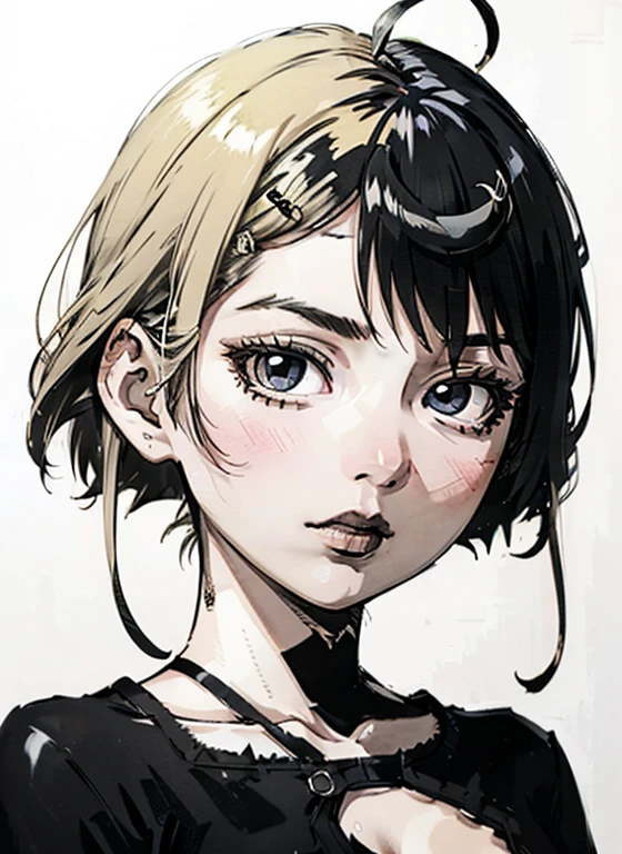 a close up of a woman with a black dress and black lipstick, blonde hime cut hair, with short hair, 1 7 -  - old me goth girl, short pigtails hair, white hime cut hairstyle, sui ishida with blonde hair, with short hair with bangs, short blonde hair with bangs, short blonde hair, japanese gothic, blonde short hair