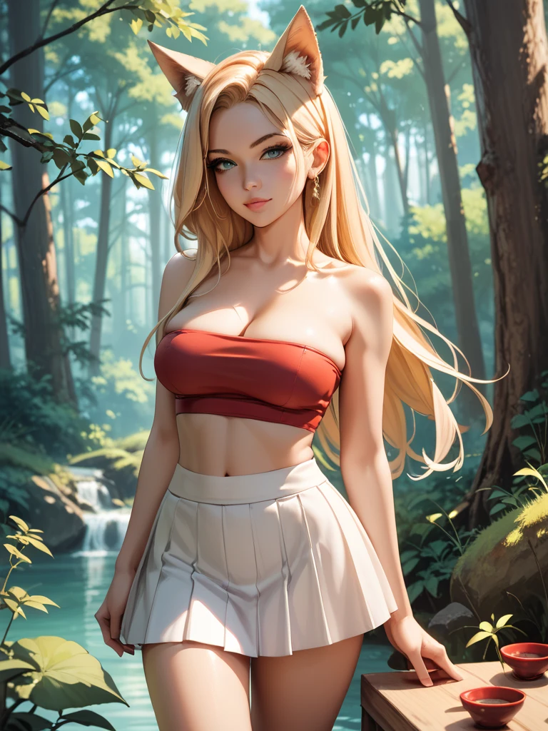 ((best quality)), ((masterpiece)), (detailed), Beautiful 12 year old western girl, ((young girl, very young, 12 years old)), long hair, pale skin, thin, collarbone, In a forest, wild clothes, NSFW, small breasts, prominent collarbones, skinny arms, flat stomach, visible hip bones, long hair, red hair, white hair, blonde hair, dark hair, ponytail, thick ponytail, blush, NSFW Fluttering lace frilly petticoats, pleated petticoats、((from adove))