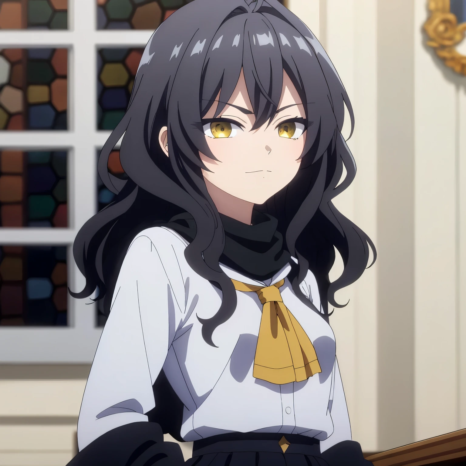 Black hair, yellow eyes, white shirt with long sleeves, fully visible shirt, shirt covering entire arms, no cropped clothing, relaxed expression, slight smile, ((best quality)), ((highly detailed)), masterpiece, beautiful face, (detailed eyes, deep eyes), 1 girl, calm, looking at viewer, upper body shot, dynamic pose, black pants with gold details, long black hair, scarf, v-shaped eyebrows, covered shoulders, school uniform style, indoors, depth of field, blurred background, window, ahoge, bangs, wavy hair, hair between eyes, neatly dressed.