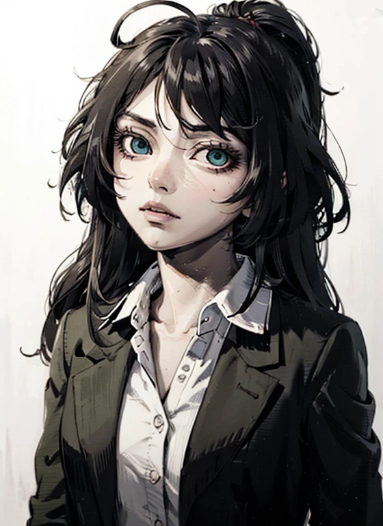 ,tomoko kuroki, long hair, black hair, green eyes, hair over one eye, bags under eyes,