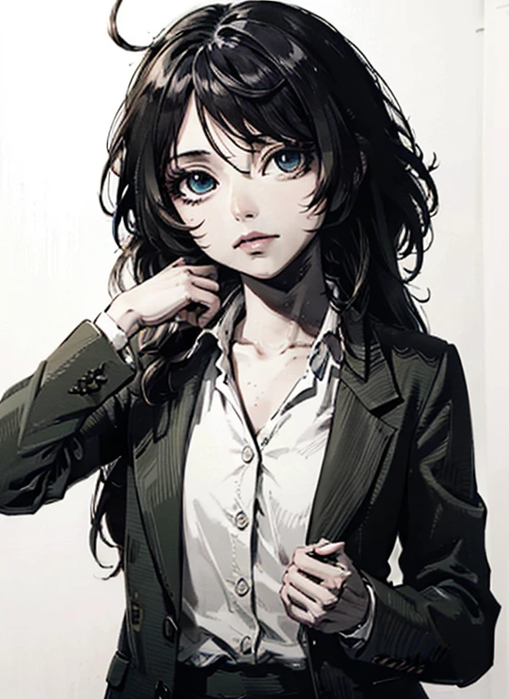 ,tomoko kuroki, long hair, black hair, green eyes, hair over one eye, bags under eyes,