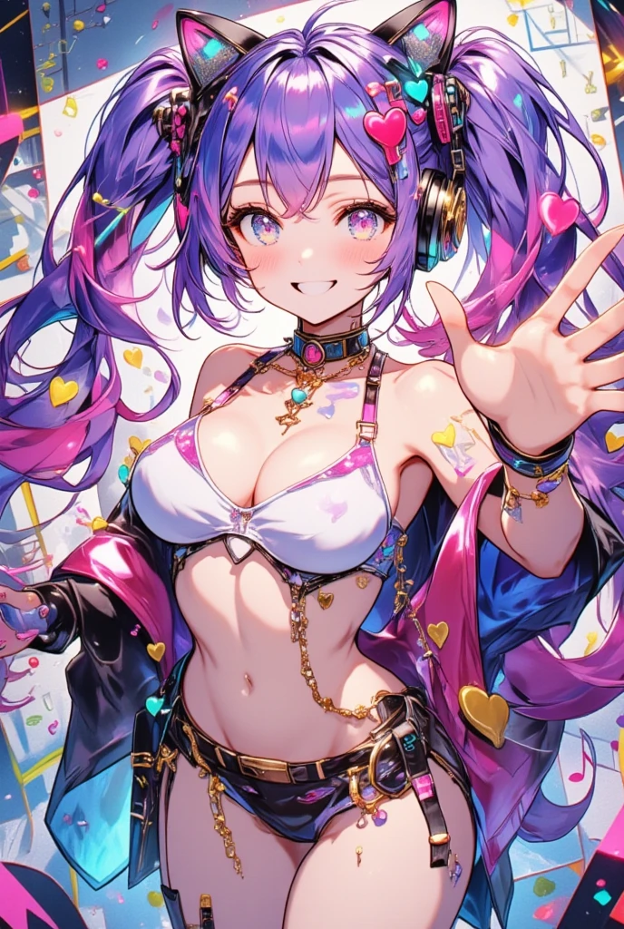 1girl, (multicolored hair, colored inner hair, pink hair, rainbow hair, huge twintails), behind-the-head headphones, heart hair ornament, musical note hair ornament, musical note hair ornament, mismatched pupils, aqua eyes, cat ear headphones, grin, (Bustier, Abdomen and navel are visible,  shows shoulders, Armpit,  Big Breasts ,  soft breasts , anatomically correct), ( Red and Black Plaid Mini Skirt, Sheer Black Garter Belt , Slender legs),  Wave at Viewers, (UHD, masterpiece, best quality,  highres icon, anatomically correct),  background with musical notes and music chord chart motifs