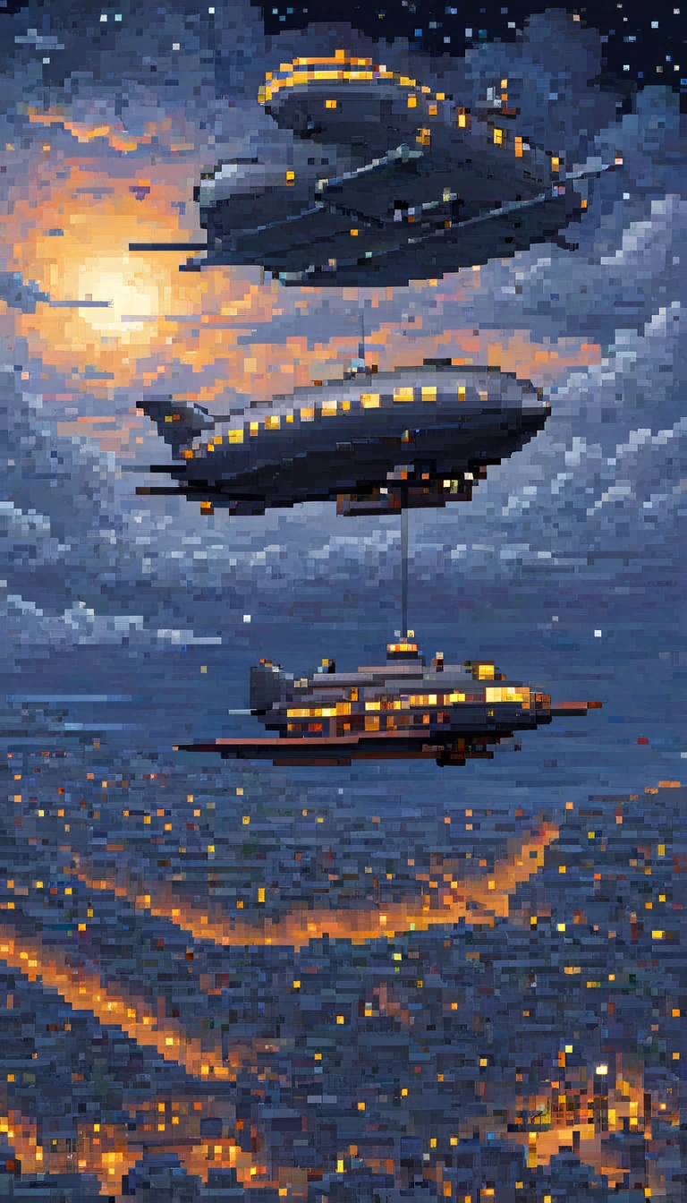 pixel art, ((1 a airship fantasy)), night, clouds, stars, (sky), top down view