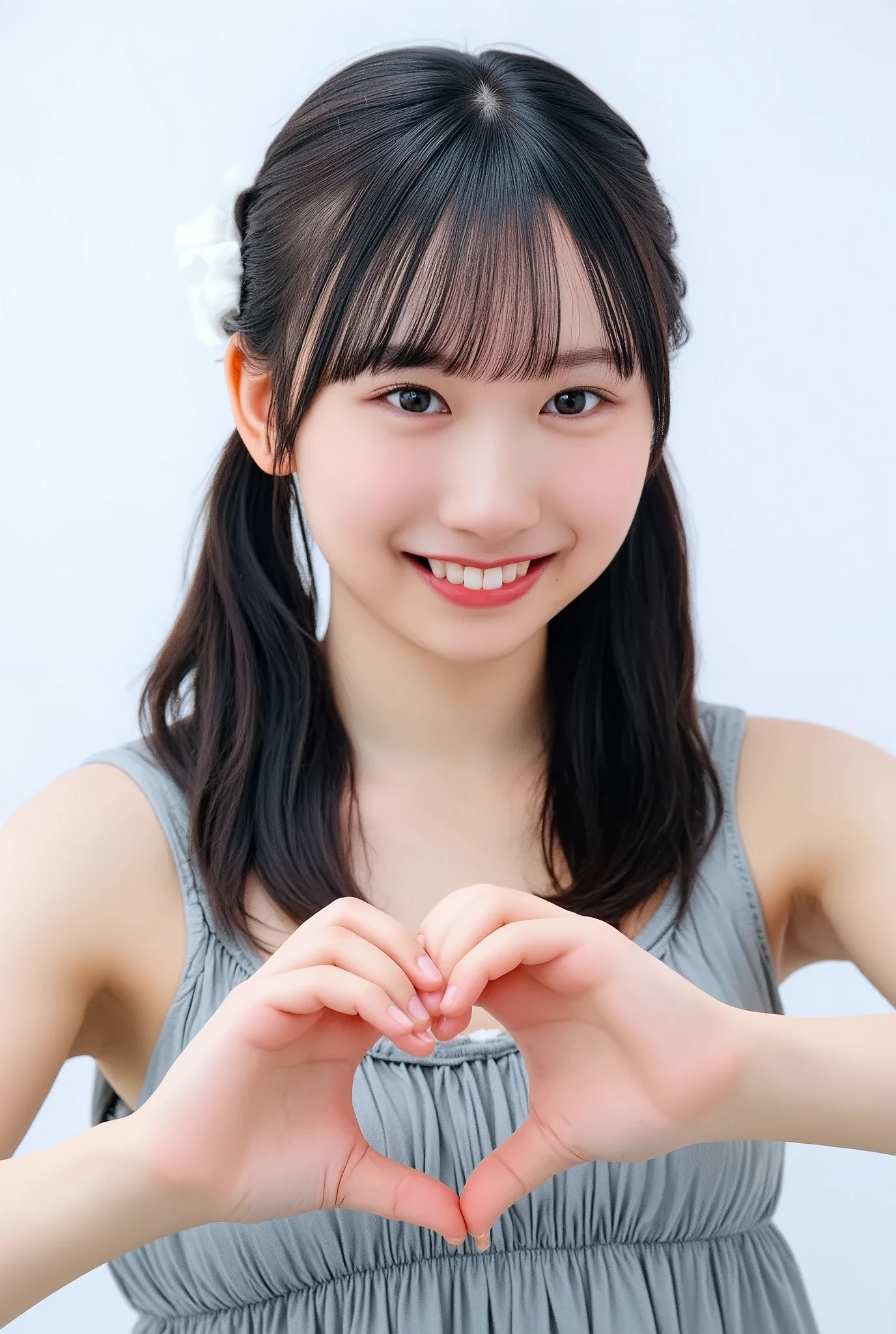 Only one smiling woman poses wearing a camisole, making a firm big heart shape with both hands, and holding it in front of her chest, View above collarbone、The background is a monotone 、
