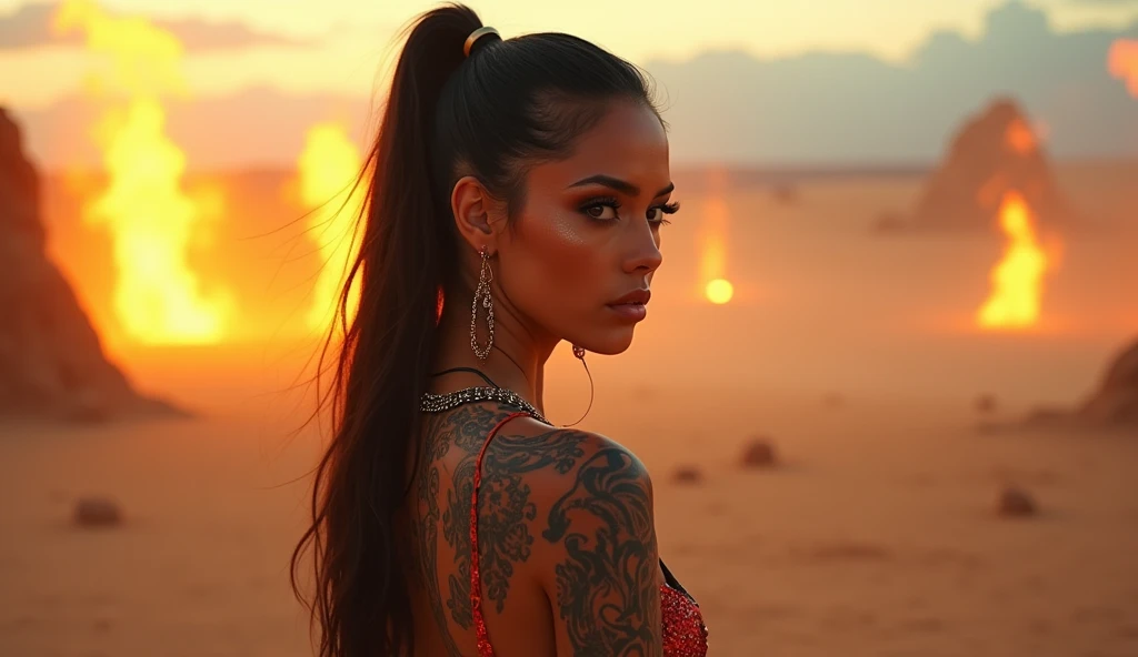 beautiful woman in a tiny bikini with long black hair, holding a bow of arrows tattoo on her waist, in a desert oraua at sunset hispanic woman from behind