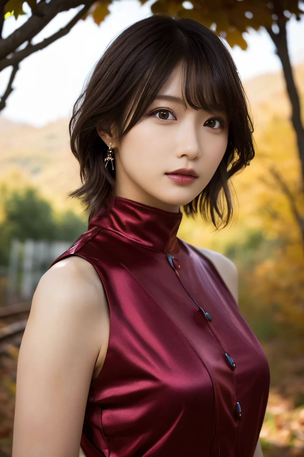 1 girl, A very beautiful portrait of a Japanese singer, ( Red Dress ), ( gothic makeup ),
(RAW Photo Best Quality), (Realistic, Realistic:1.4), (masterpiece),
Very detailed, 2k wallpaper, wonderful, finely, Very detailed, CG Unity 8k Wallpaper , Very detailed, high definition , Soft light,
Beautiful Girl Carefully Drawn in Every Detail , Very detailedな目と顔, Beautiful and Elegant Nose , beautiful beautiful eyes, Film Lighting ,
(Bromide photography ), (short hair), (The girl is standing on the ruins of an abandoned railway in a mountainous area:1.2), ( covered with weeds and rusted railroad tracks ), (Decayed sleeper ), (autumn leaves),
perfect anatomy, 細身の体, smaller breasts, Thin legs, whole body