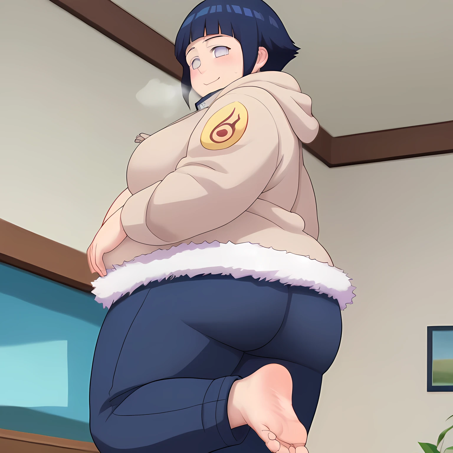 score_9, score_8_up,source_anime,Hinata, 
 short hair, dark blue hair, no pupils, 1girl, blunt bangs, shiny hair, grey eyes, Hoodie, alone, hood down, long sleeves, looking at viewer, blush, fur trim, capri pants,   Smile， closed mouth,standing, cowboy shot, bandages, thigh holster,  konohagakure symbol  , forehead protector, 
ANIME SCREENCAP, anime coloring,
In the room，Soles sweating,  barefoot，Perfect feet，Anatomically correct，soles，Low Angle，Focal length 35mm, Five toes，fat, chubby, obese, gigantic arms and legs, large breasts open mouth, out of breath, huge belly, huge ass