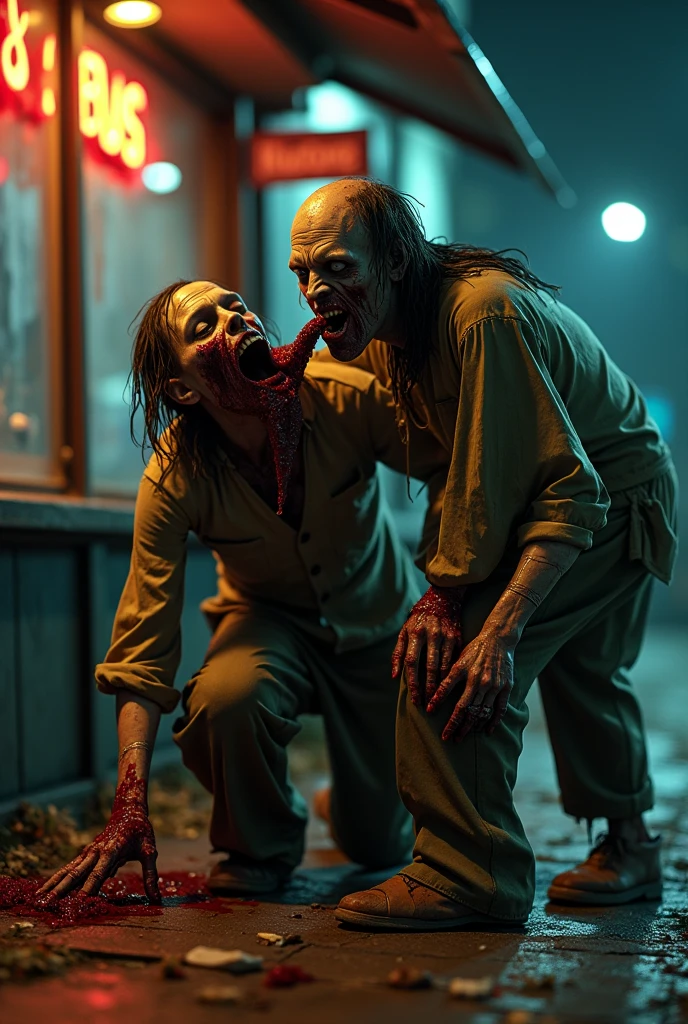 create a realistic scene where a zombie with sinister eyes and exposed wounds on its body is trying to attack a person, the person attacked is holding a flashlight and wearing a backpack, the zombie is trying to bite the victim's neck but the victim is resisting.