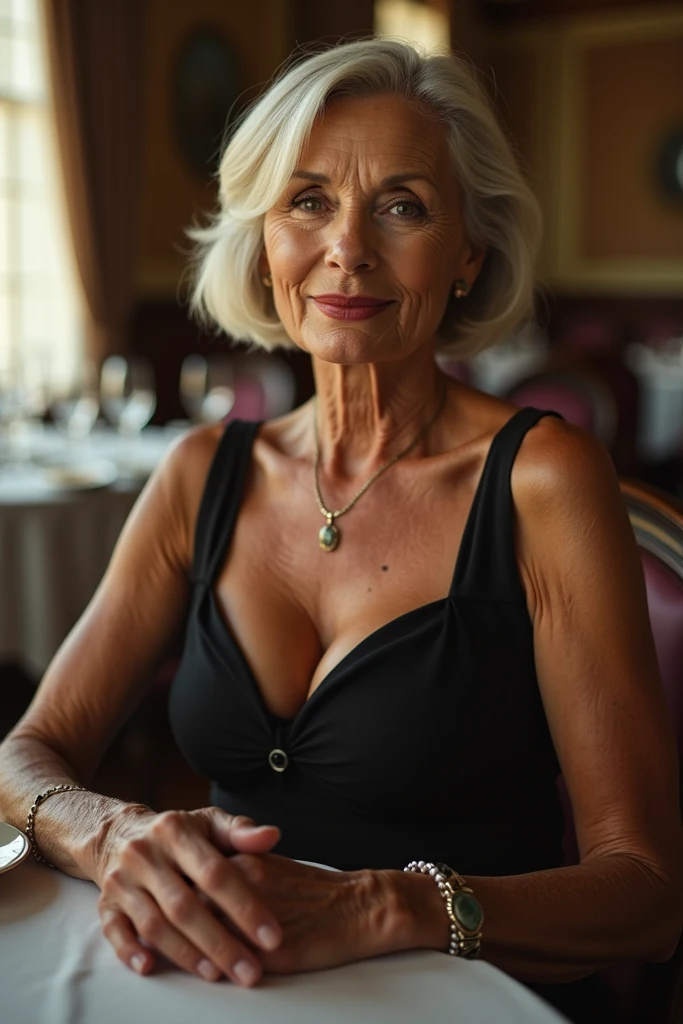(blouse.red lingerie:1.4),(75-year-old woman:1.6),(Wrinkles on the face,wrinkled body1.3),smile,(gray hair:1.1),(old mature woman:1.3),

BREAK

sole_female, gorgeous, attractive, astonishing,75 year old, Hungarian. messy Hair, long Hair, Ponytail, Highlights in Hair. photography, hyperrealistic, realistic, photo-realistic, photorealistic, 3/4 shot. highly detailed, sharp focus, 8k, best quality, masterpiece. moderately average Body. Pear Face, laughing ecstatically. dusky Complexion. Thin white blouse, (White Hotpants) , Bracelet, Earrings Crowded Restaurant, leaning forward on a table, looking at the camera, downblouse,nipslip
