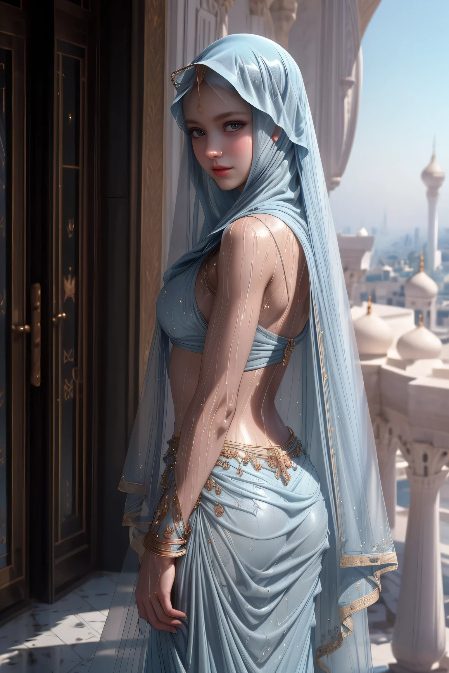 (masterpiece, best quality, Beautiful Mummy Girl, Pretty Face, 8K, RAW photos, Reality, absurd:1.2), teenager,  Surface light, Film Grain, Chromatic Aberration, high resolution, Extremely detailed, Fine details, Light blue shroud，Noodles wrapped around the whole body，Delicate skin、Eyes and face, Sharp pupils, Clear focus, in the room，Stand barefoot，Full body image