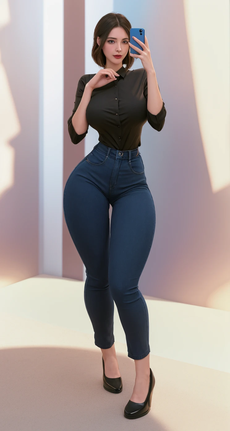 Aunt Cass, beautiful, modest, standing, full body, jeans, black shirt, flirty, facing viewer, looking at viewer