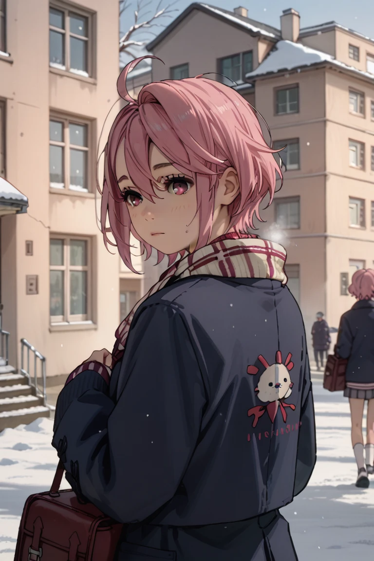  1 girl , Shiratori Aira，asymmetrical casual short hair , Ahoge,   pink hair, Pink Eyes, High school girl，Winter clothes，Back of the school building，cold