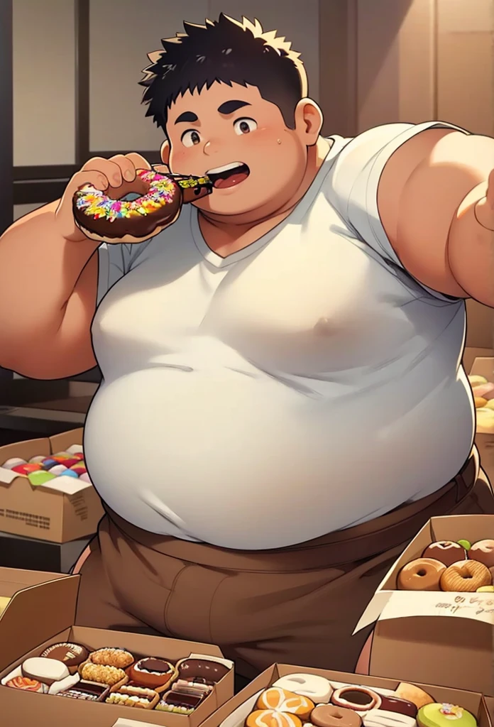 Fat indian  boy , obese boy, big belly, tight belly, small white shirt, small brown shorts, eating a chocolate donut, next to a box full of desserts and sweets, fat face, fat asshole, fat boy tits, 3:4, detailed face