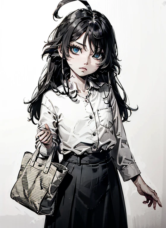 ,tomoko kuroki, long hair, black hair, green eyes, hair over one eye, bags under eyes,