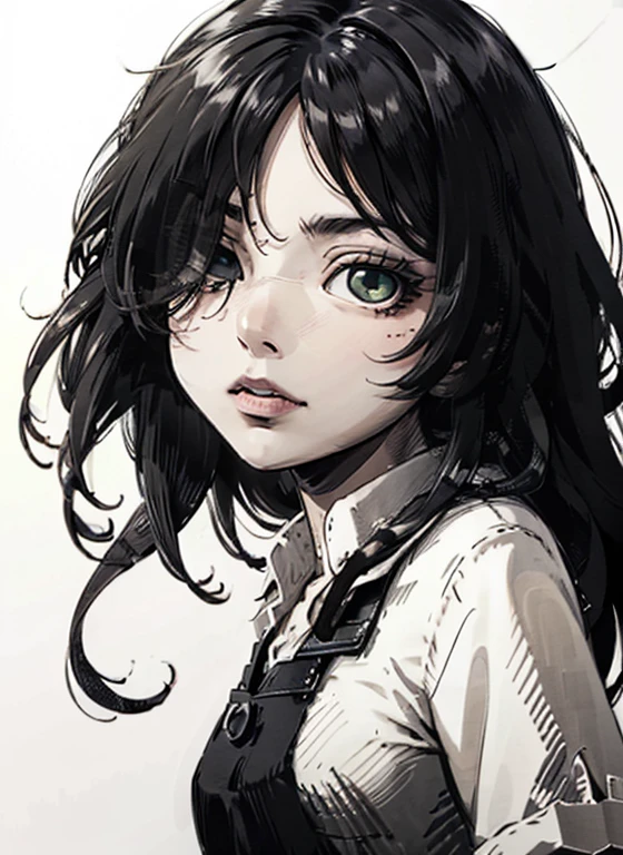 ,tomoko kuroki, long hair, black hair, green eyes, hair over one eye, bags under eyes,