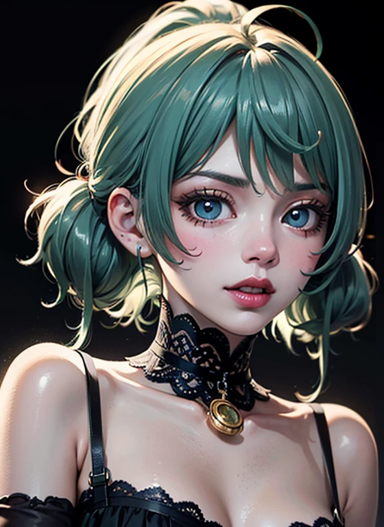 full body, butterfly and flower shoulder tattoo, A mesmerizing masterpiece capturing a photorealistic portrayal of a woman with emerald green hair cascading around her face. Her piercing green eyes, subtly blurred yet captivating, draw the viewer's gaze with an intensity reminiscent of "The Matrix." She gazes directly at the viewer, exuding confidence and intrigue. The lighting is expertly crafted, casting beautiful shadows and highlighting her features with professional precision. The background is softly blurred, emphasizing her presence while maintaining a sense of depth. The portrait exudes a sense of realism, with meticulous attention to detail, including the texture of her short hair and the subtle nuances of her parted lips. The image showcases a film grain effect, adding an artistic touch and enhancing the overall atmosphere