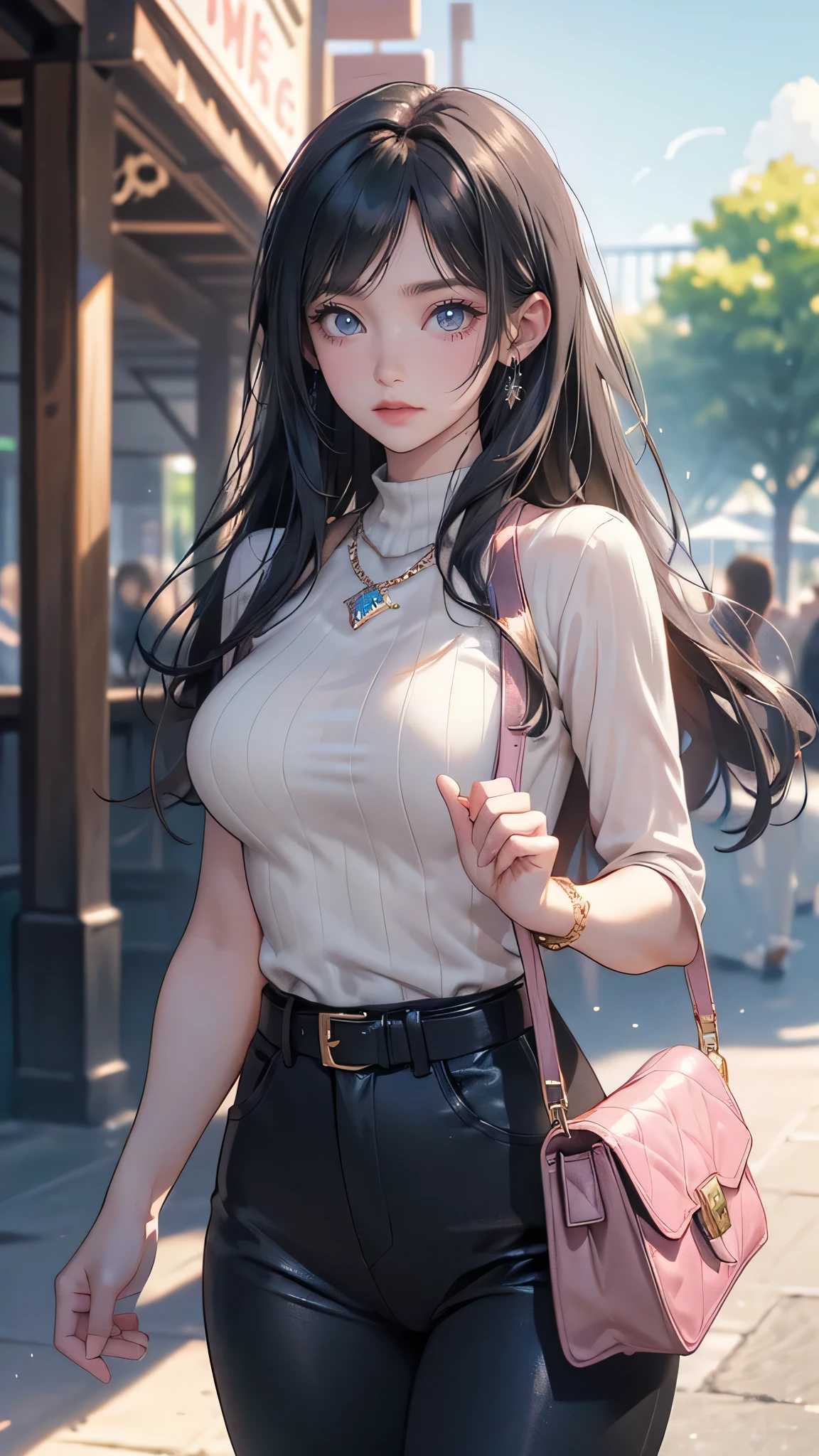 Anime girl with long black hair and a pink purse walking down the ...