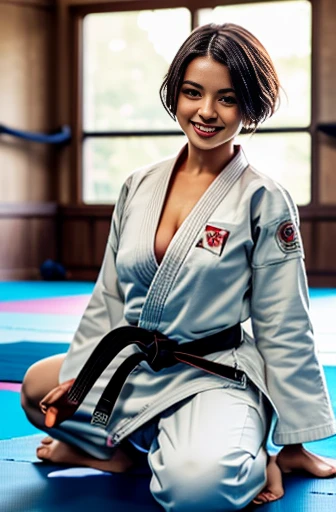 Isabela Merced, dojo mat scene, indoors, , detailed face, dark red lipstick, bob_cut hair, smiling seductively, (skin texture:1.1), (high detail face:1.1),high detail body, high detail clothes, (masterpiece), (realistic), ultra high definition, 4k, ultra high resolution, cinematic lighting,, large/ very flat sagging natural breasts, hanging low breasts, (((dark very very large areola and big nipples which can be slightly seen inside loose karate gi))), (((wearing a karate uniform gi))) karat gi that is very open chest, karate gi pants in white, no bra or panties, no underwear, dark areola can be seen next to karate uniform, ,one 20 year old female, dark tanned skin, low camera angle with knees in view, smile with teeth, eyes slightly squinting, thin thighs, skinny body, narrow ass, , (((stretching on mat revealing breasts))), no sports bra,  very very dark skin coloured areola with wide hard nipples,