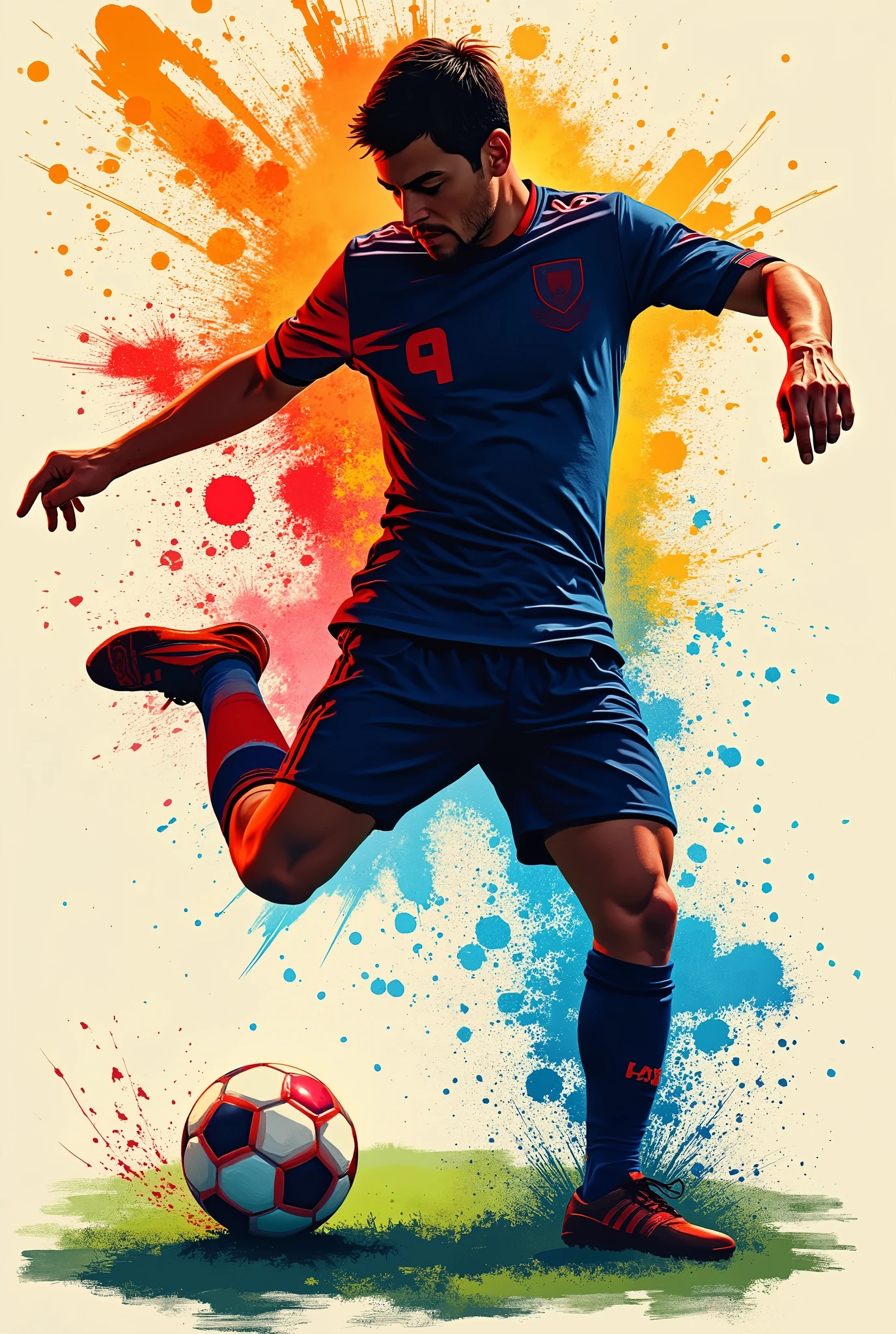 soccer, shooting, FBShoot, looking at the ball, illustration, silhouette, sputtering art, colorful