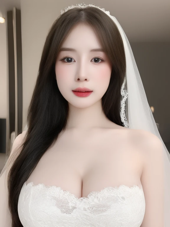 (realistic、masterpiece、Best Quality、8K、highres、high resolution:1.3)、1 girl ,closed mouth, white bandeau dress,white lace veil, upper body, full breasts, gigantic breasts, cleavage,