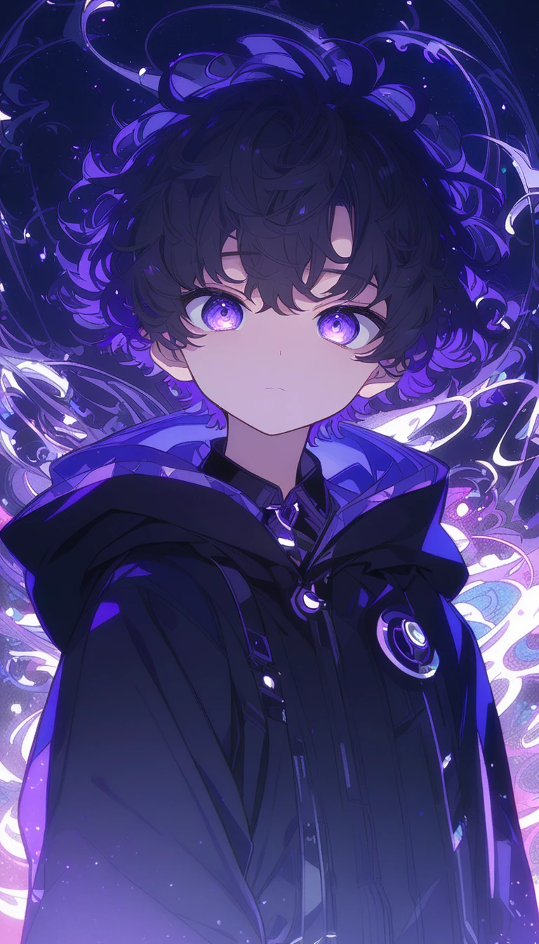  handsome, Alone,1 ager、 facing here、 charming eyes、masterpiece,  best quality,, gaze at me,Purple Eyes、 black hair、 black hood、 No Emotion、 charming eyes、 short hair 、 cool vibe。From the waist up、Purple hair tips、 black light、extra short、Light wavy hair、night