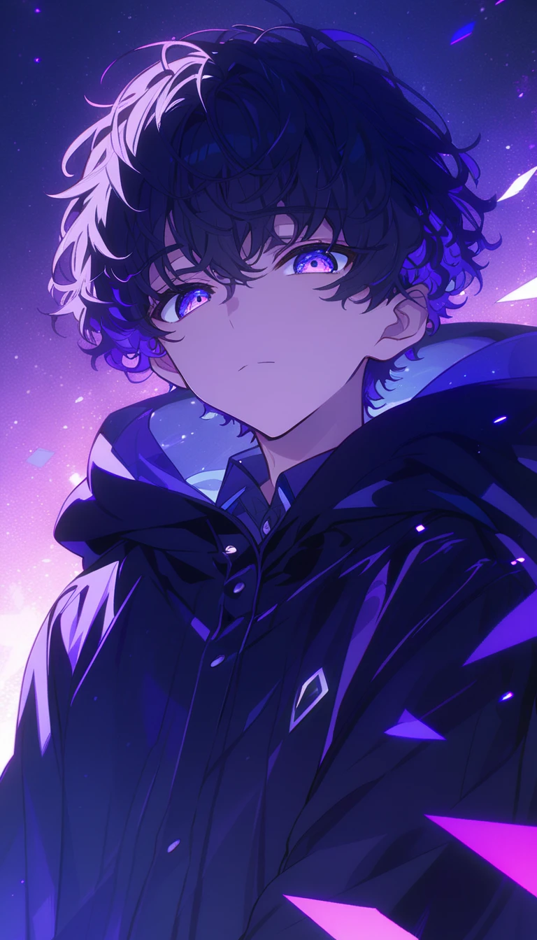  handsome, Alone,1 ager、 facing here、 charming eyes、masterpiece,  best quality,, gaze at me,Purple Eyes、 black hair、 black hood、 No Emotion、 charming eyes、 short hair 、 cool vibe。From the waist up、Purple hair tips、 black light、extra short、Light wavy hair、night