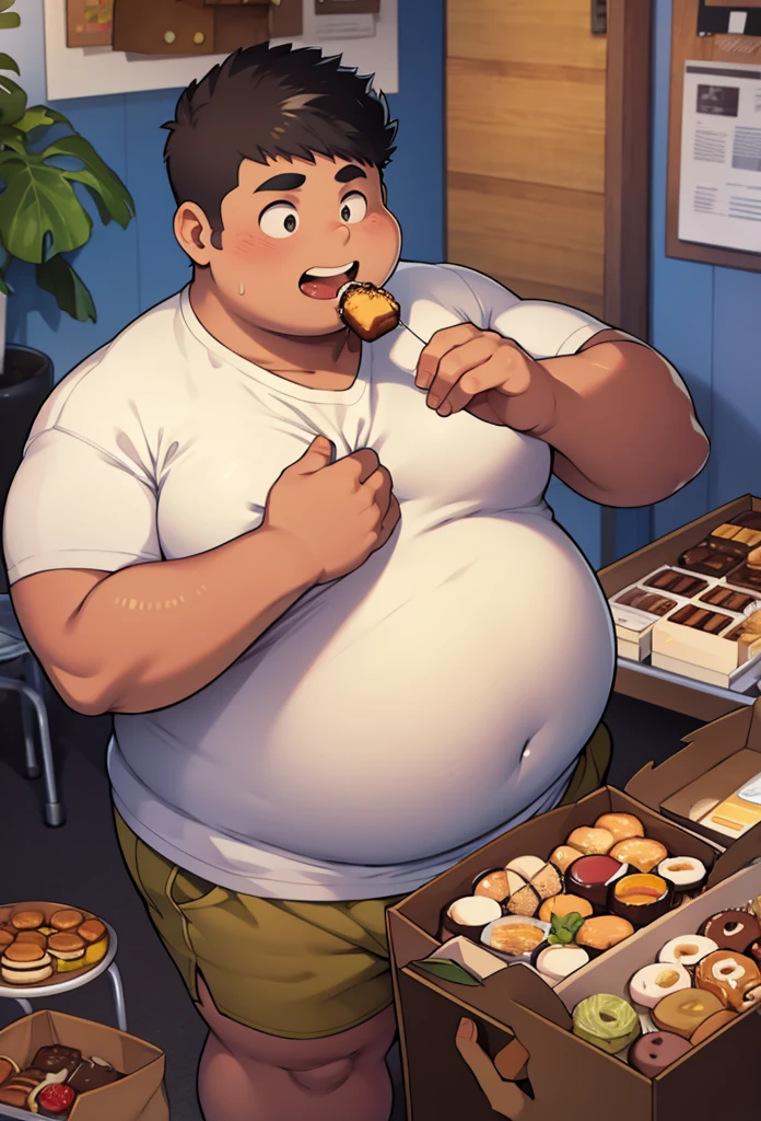 Fat indian  boy , obese boy, big belly, tight belly, small white shirt, small brown shorts, eating a chocolate donut, next to a box full of desserts and sweets, fat face, fat asshole, fat boy tits, Her tits are pointing in opposite directions, nipples separated from each other, belly hanging out of her shirt, 3:4, detailed face