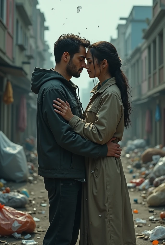 Girl lifting up a young man who was on the ground With a background Of destruction and water With normal clothes