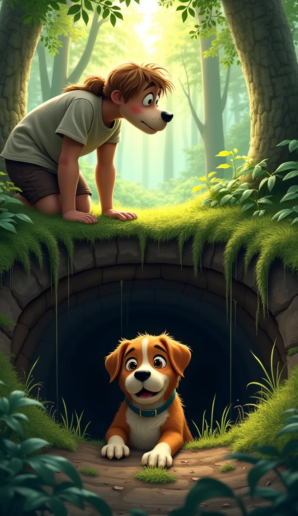 A park with a cloudy sky with an old swing and a brown-haired boy in a sad striped shirt and a dog,and tall trees surrounding the playground