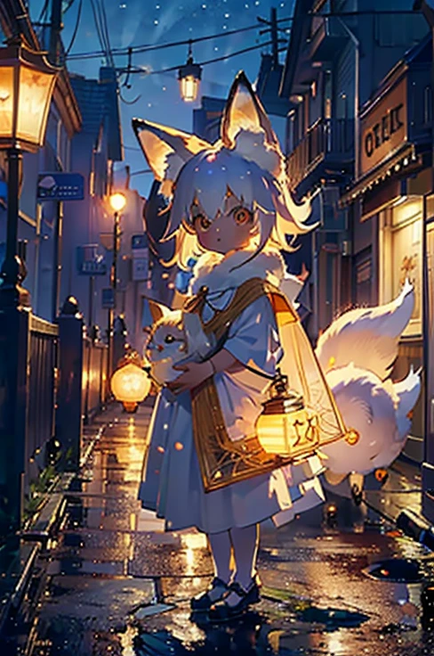 Alone,1 Female\(cute,Cute,Small ,Skin color is white, short white hair ,( big baby fox hair :1.7), white dress\( beautiful race \),( 2 baby fox ears on hair:1.8),[ baby fox fur on back :2.0],[Body coat :2.0],[ fluffy coat :2.0],[Extra Arms],chest, Dynamic Poses , exhaling fox fire from mouth ,Spinning \),background\(  knight ,moon,(( beautiful street lamp ))\), break ,quality\(8k,極めて精細なCGユニットのwallpaper, ​masterpiece, high definition ,top-quality,top-quality real texture skin, surrealist , increase resolution , RAW photo,最高のquality, high definition,wallpaper, cinematic lighting , ray trace,Golden Ratio,\), bust up shot 