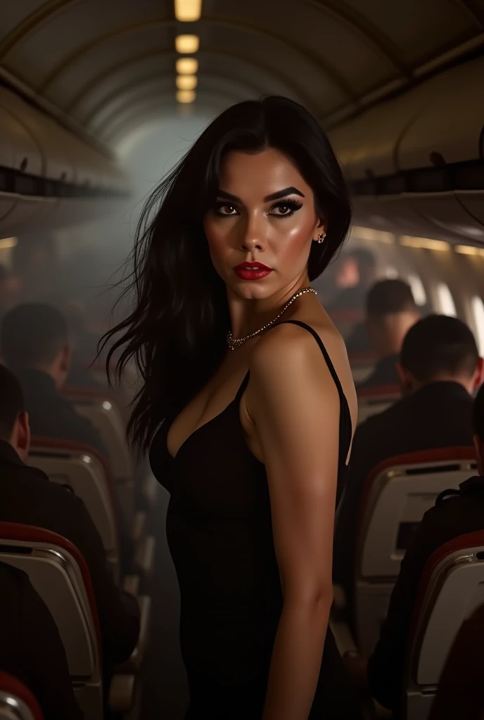      Ultra realistic quality, , (((   full body photograph ,   faint lighting   ,    sharp focus,   detailed face of Jacqueline   ))),    Extremely detailed face of Jacqueline  , ((((  Beautiful woman wearing an elegant haute couture mini dress ))), )), brown eyes,   seductive,    smooth and shiny black hair   , make-up,   red lips)),   Side view   ,    background inside an airplane    , standing, many passengers, Cinematic face  ,   faint lighting  . .