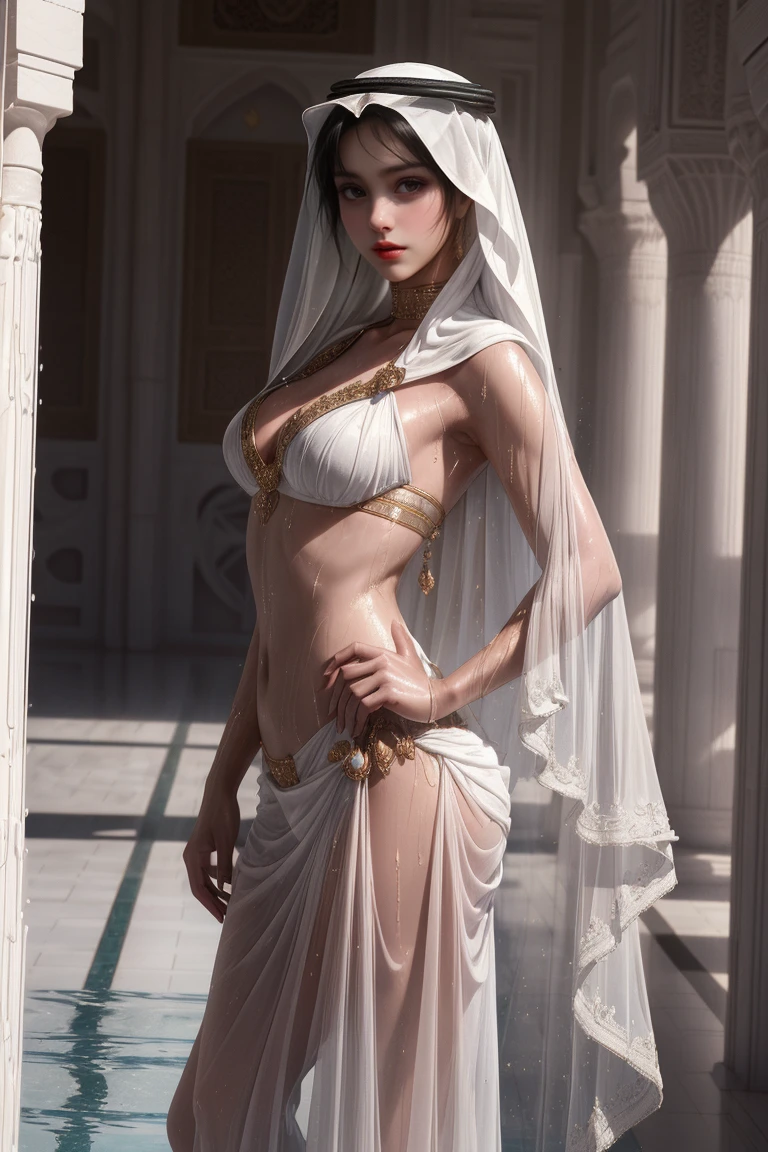 tmasterpiece，Highest image quality，Beautiful full body portrait of noble ancient egyptian girl，Delicate black hairstyle，Short hair tied up，clear sea blue eyes，Ancient Egyptian white clothes were simple and elegant，(sandals，nail art)Ancient Egyptian civilization，pyramid，A desert，ultra - detailed，advanced。At the Pixiv Art Station，Break your own power，Luigi，Big breasts exposing cleavage，R-18G