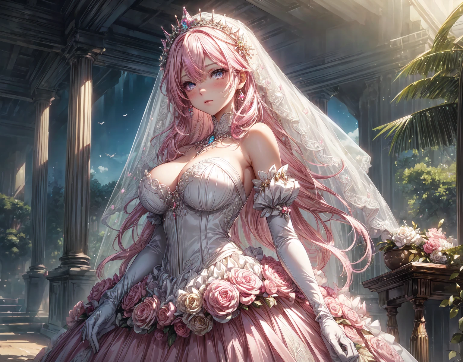 film grain, (makeup, mascara:1.1), lips,(thick\lips\),
(shiny glossy translucent clothing:1.1), church cathedral background
holding flower, bride, pink lace dress, pink hair , bridal veil, bare shoulders, strapless, detached collar, feather trim,
Posing as if whispering a secret, (busty:1.1),(soft shaded neon light:1.2), dark theme, sunrise, vibrant colors, horizon glow, tranquil