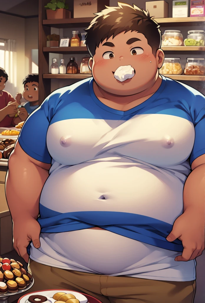 Fat indian  boy , obese boy, big belly, tight belly, small white shirt, small brown shorts, eating a chocolate donut, next to a box full of desserts and sweets, fat face, fat asshole, fat boy tits, Her tits are separed in opposite directions, nipples separated from each other, belly hanging out of her shirt, 3:4, detailed face, looking at viewer