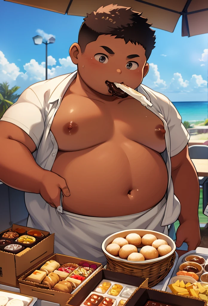 Fat indian  boy , obese boy, big belly, tight belly, small white shirt, small brown shorts, eating a chocolate donut, next to a box full of desserts and sweets, fat face, fat asshole, fat boy tits, Her tits are separed in opposite directions, nipples separated from each other, belly hanging out of her shirt, 3:4, detailed face, looking at viewer