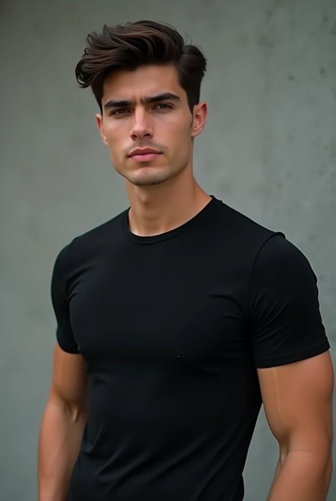 A young 25 year old man, bonitas, athletic body, wearing a black t-shirt tight to the body, super realistico, cinematic effect, short hair in military haircut style with deep brown hair, your hair is very short, like a pompadour, he has a very light and low beard, background with dark environment, good lighting as if it were a scene from a movie, 8k, ultra realisitic, sharp, background trees and buildings.
