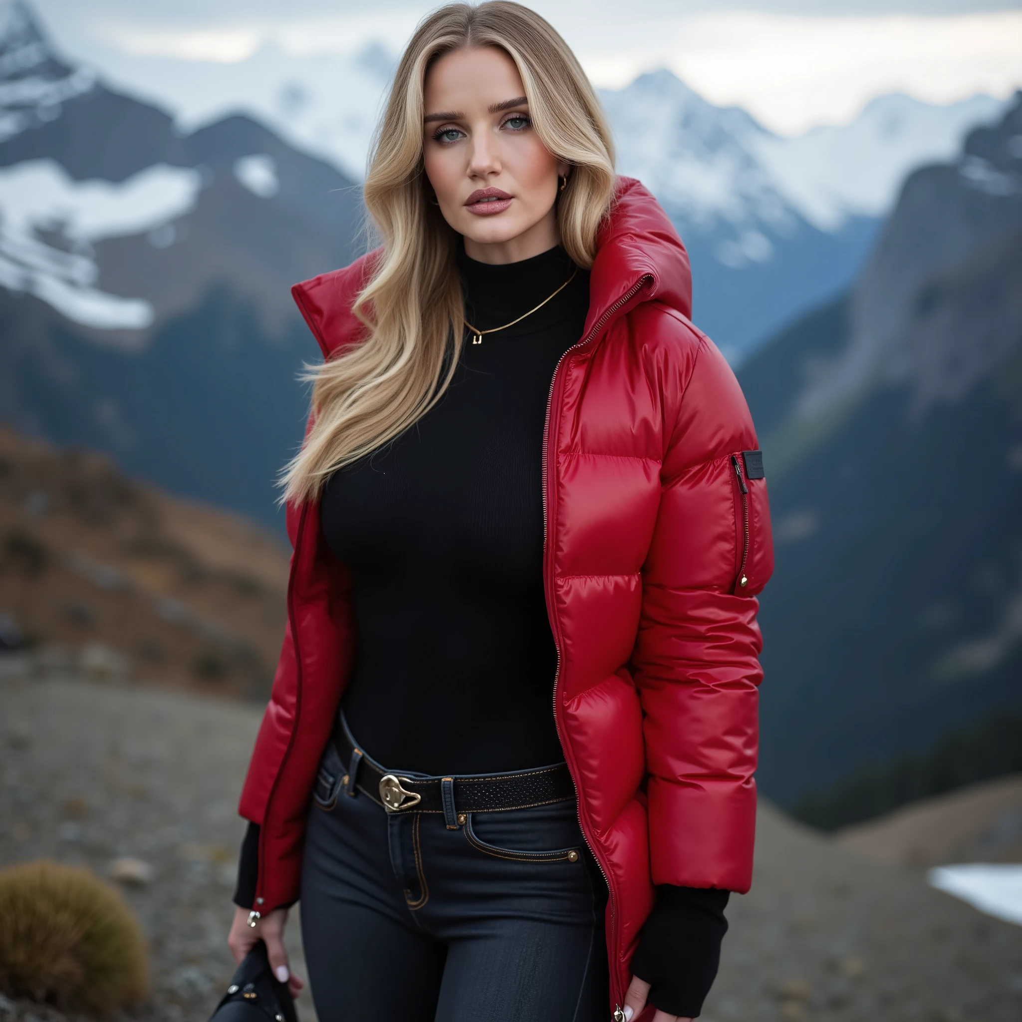 photorrealistic, best qualityer, hyper detailled, blonde woman with natural blonde hair, (((naked Breasts huge))), naked breasts, perfect toned legs, photo taken by a professional, whole body, alone, vestindo legging wetlook , wearing beautiful detailed unzipped hooded tightfitting duvetica overfilled super gleamy thick glossy puffer jacket, big naked breasts,plein-air, (giorno), Mountain landscape, (happy), textura da pele com 30G happy visível sob a roupa, film grain, close up, ultra high resolution, best shade, CRU, instagram LUT
