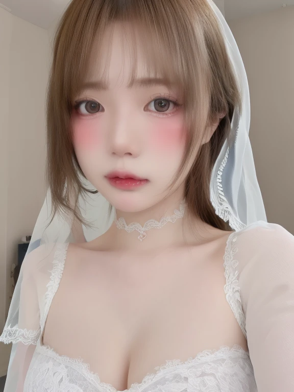 (realistic、masterpiece、Best Quality、8K、highres、high resolution:1.3)、1 girl ,closed mouth, white bandeau dress,white lace veil, upper body, full breasts, gigantic breasts, cleavage,