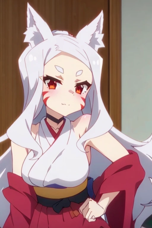 Nina Kosaka Vtuber, White-haired Kitsune ,  white ears and six white tails. big breasted. Red eyes and red stripes on the cheek. kimono