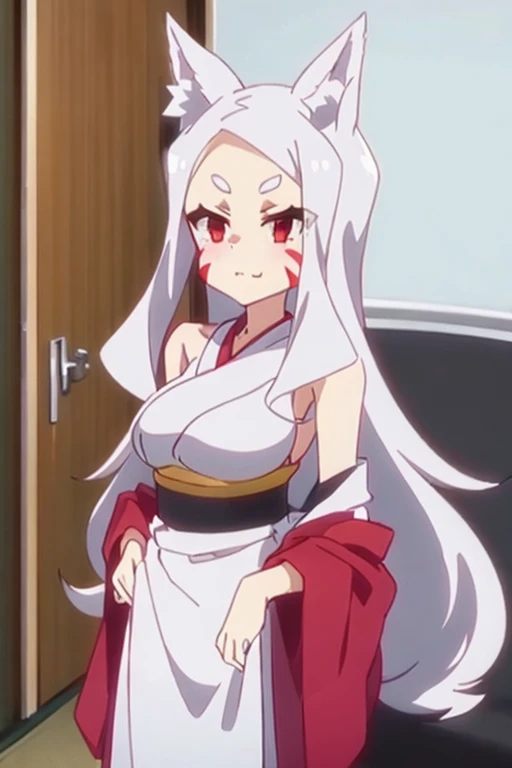 Nina Kosaka Vtuber, White-haired Kitsune ,  white ears and six white tails. big breasted. Red eyes and red stripes on the cheek. kimono