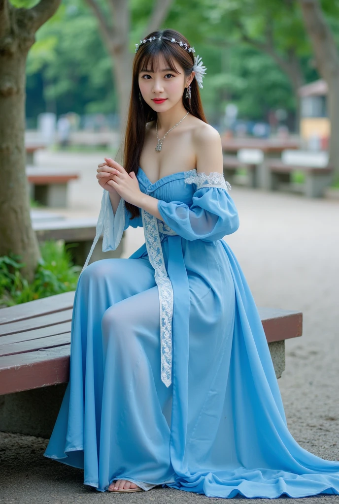 Asian woman in a blue dress sitting on a bench,  beautiful and attractive anime woman ,  a beautiful fantasy queen, Japanese Goddess,  Beautiful Goddess ,  sexy anime girl , (( a beautiful fantasy queen)), 8k HD High Quality Detailed Images ,  trending on cgstation , author：Fan Qi, Full body fairy, Gu Weiss
