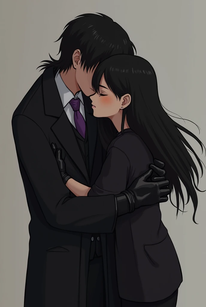 Pale man long black hair and black clothes kissing a pale woman with black hair with bangs