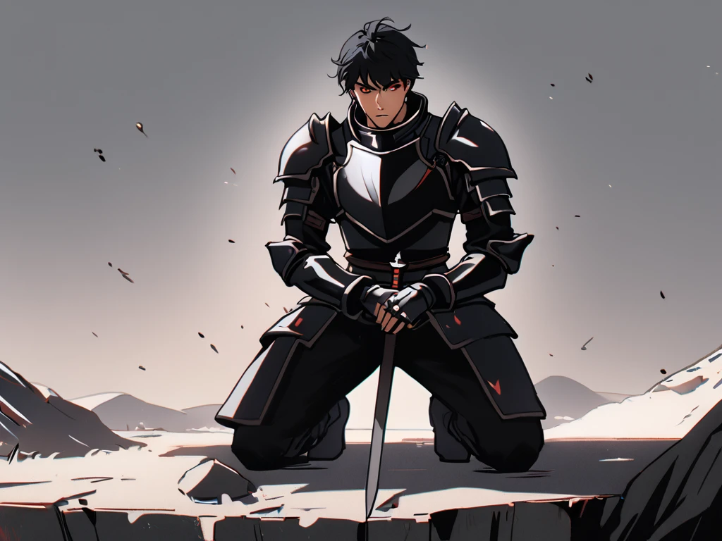 1 guy, full body, knight, black armor, no helmet, black hair, red eyes, tanned skin, stoic face