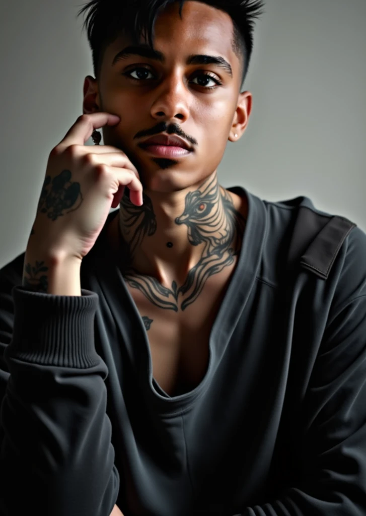 there is a man with a tattoo on his arm and a tattoo on his arm, lean man with light tan skin, headshot photo, male model, jordan lamarre - wan, man is with black skin, headshot profile picture, headshot photograph, joseph moncada, aubrey powell, black man with afro hair, dorian cleavanger, photo in style of tyler mitchell