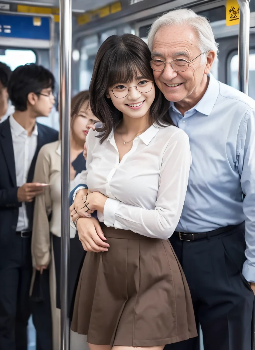  inside a crowded train 、( dirty old man with torn clothes at age 40)、(An old man hugs you from behind 、Talking in my ear)、 other guys witness her shaking her butt、While picking up Nini、Shaking her white skirt.、  photos、masterpiece、  best quality 、Dark Gray Background、( 1 girl;, brown short hair, small breasts,Big smile)、 Wait until the sexy swing skirt with a small ass curls up:1.3)、(Wide chest、White see-through open shirt:1.5, stiffened )、 An old man leaning on her from behind to pick her up 