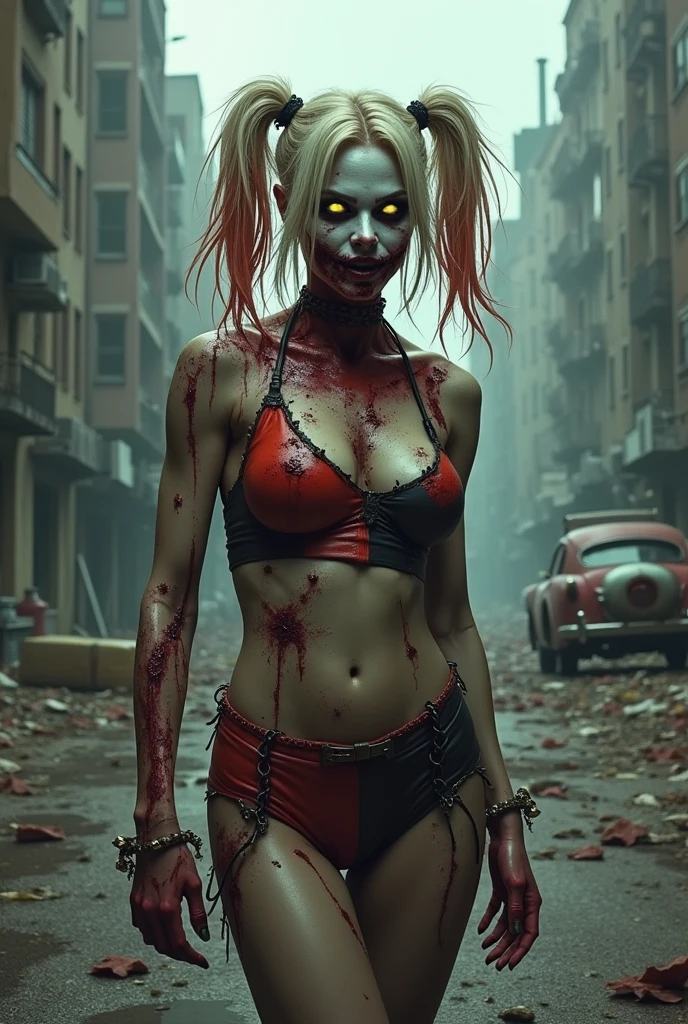 Female zombies，Both eyes are completely white，He had bites on his body，White skin and beautiful appearance，long leges，Wear a red bikini，with a good figure