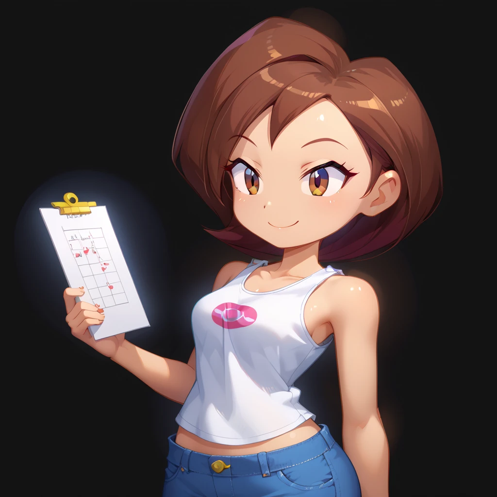 score_9, score_8_up, score_7_up, ((Masterpiece)), ((highres)), 1girl, solo,, superhero poses, Helen Parr in the art style of Shantae: 1/2 genie hero, tank top, blue jeans, defined ears, defined eyes, brown iris, long eye lashes, defined nose, bob cut brown hair, (((smile expression))), ((soft aura surrounding character)), (black background), bust shot, holding a white board with writing "I AM HELEN PARR" and showing it to the viewer