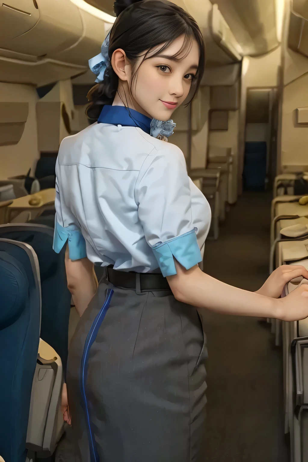 (masterpiece:1.2,  best quality:1.2), 32kHDR,  High Definition , (Alone、  1 girl)、（ Rooftop of a building during the day 、 Professional Writing ）、 With the roof of a building in the background 、（ANA cabincrew uniform blueを着たリアルスタイル）、（（ANA cabincrew uniform blue blue short sleeve blouse 、ANA cabincrew uniform blue BLUE SKIRT WITH A BLUE LINE IN THE BACK、 Scarf around the neck ））、  lots of dark brown hair 、（Long Hair、Hair tied up、Hair tied up, Braid Summary Hair ）、  lots of dark brown hair 、Long Hit、Big Breasts、Thin legs、（（ amazing hands：2.0）），（（  Harmonious body proportions against the background of a building roof ：1.5）），（（Normal limbs：2.0）），（（Usually ：2.0）），（（  Delicate Eyes ：2.0）），（（Normal eyes：2.0））)、smile、（ANA cabincrew uniform blueを見せた美しい後ろ姿）、Hands crossed underneath 